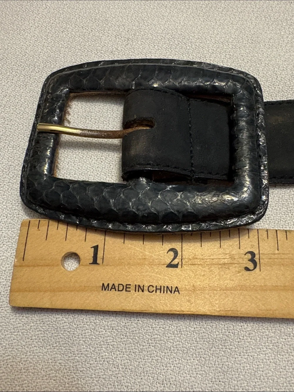 Jacqueline Ferrar Black Leather Belt with Textured Snake Skin Buckle Accent- M